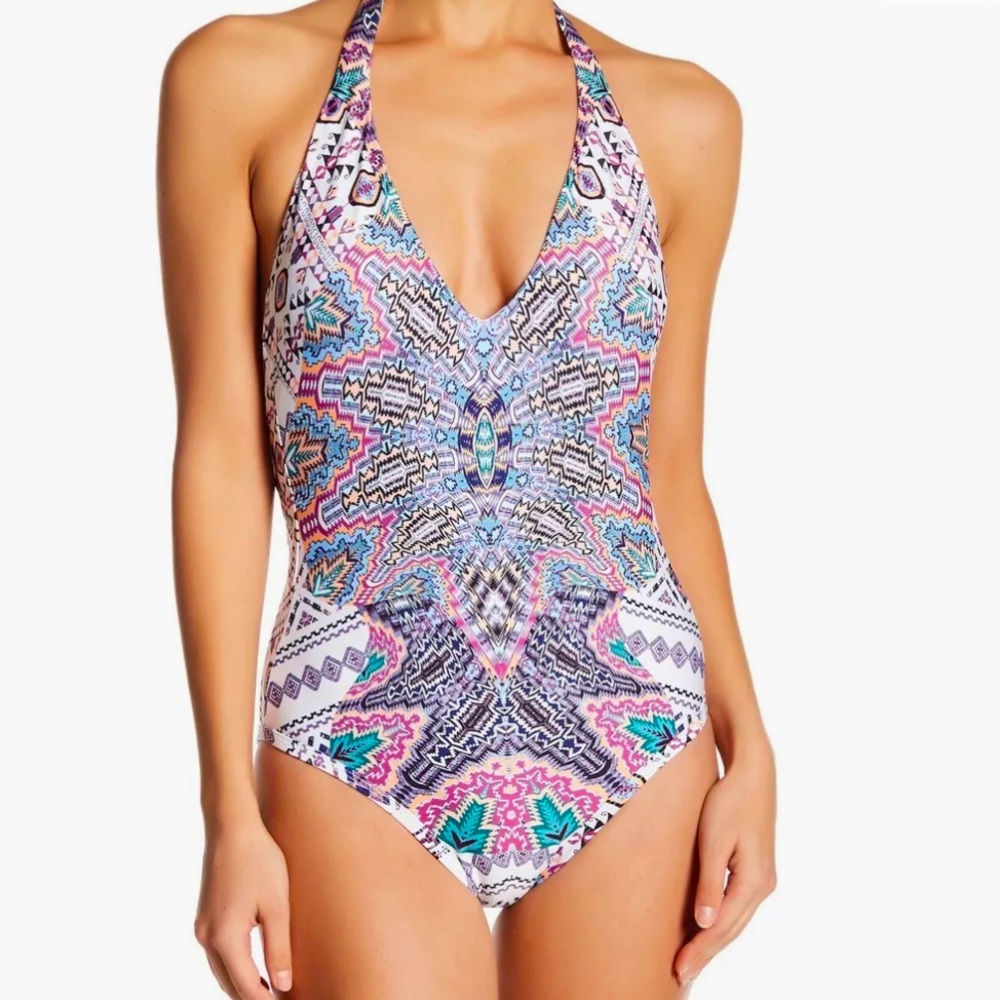 Red Carter Boho-Chic Geometric Backless Plunge Neck one piece -Free Shipping